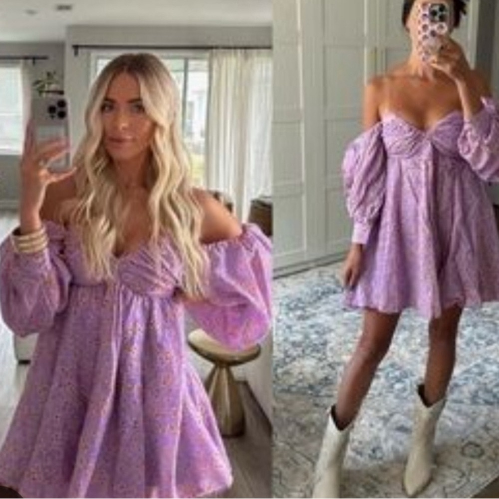 Bardot Off Shoulder Floral Lavender Long Sleeve Dress - Picture 5 of 5